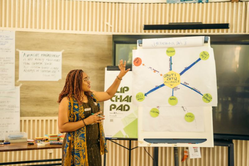 Hildergrade Mehrab (Sauti Zetu alliance, Tanzania) presenting CSO relationships, OC2 learning event, Tanzania, Nov2024, Photo□ Daniel Samwel - MS TCDC